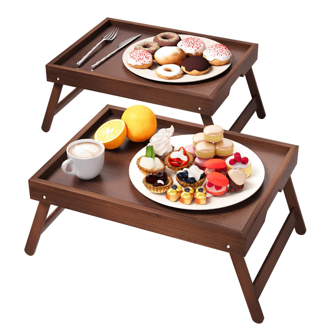 2er Pack Betttablett mit klappbaren Beinen, Bambus Frühstückstabletts, Serviertablett Betttisch für