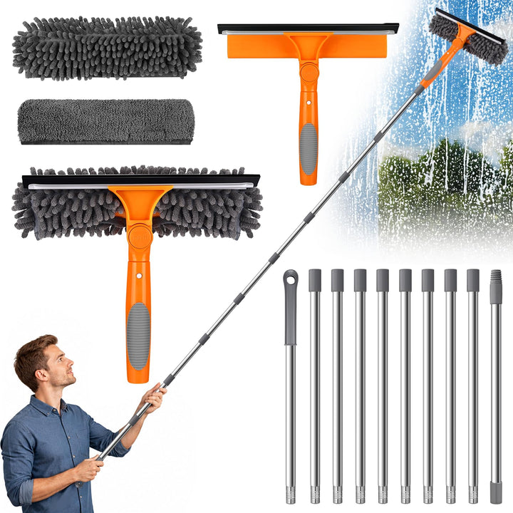 2-in-1 Fensterreinigungsset, 24cm-390cm Extra Lange Teleskopstange, Fensterputzer Set &amp; Fensterwisch