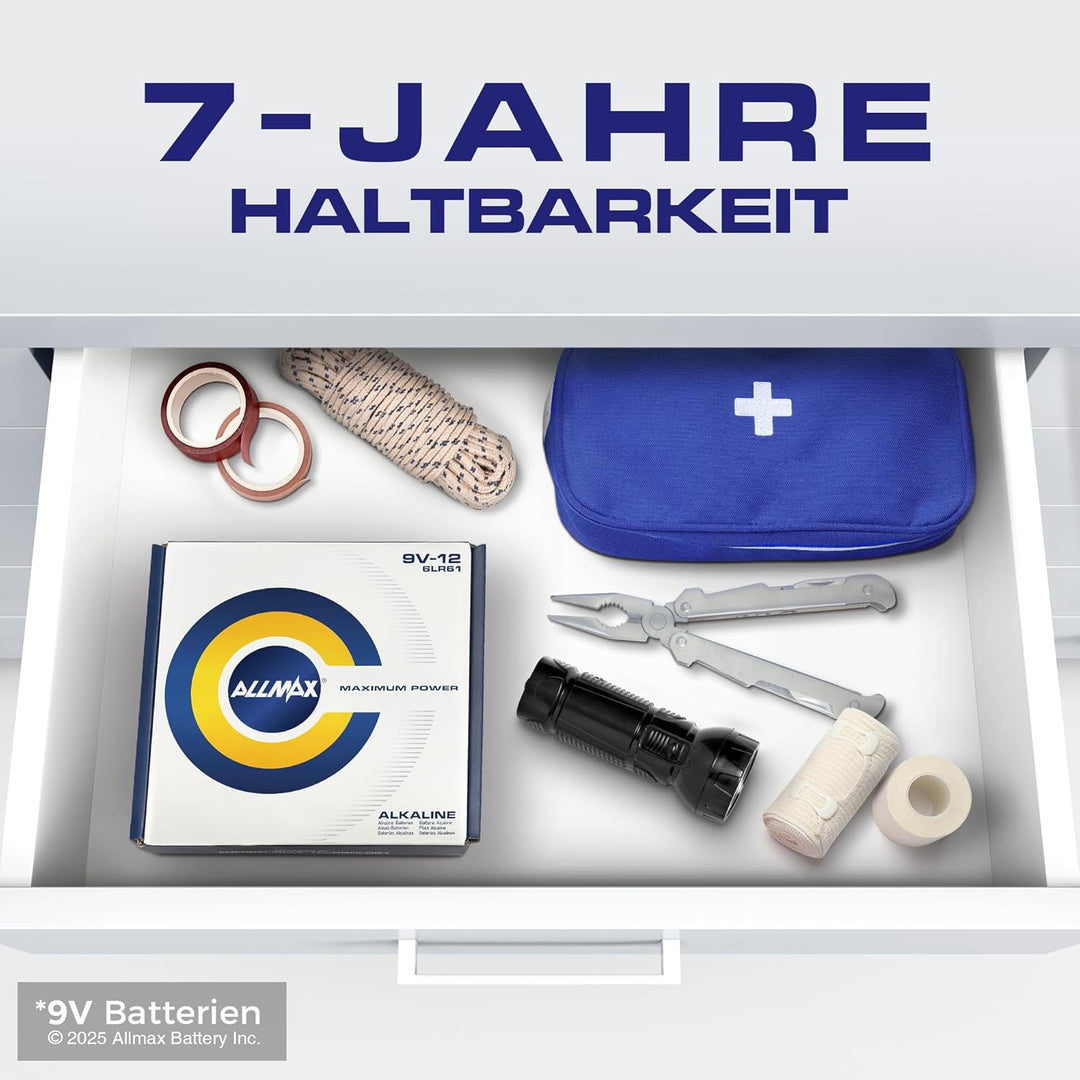 Allmax 9V Maximum Power Alkaline-Batterien (12 Stück) - Ultra-langlebig, 7 Jahre Haltbarkeit, auslau