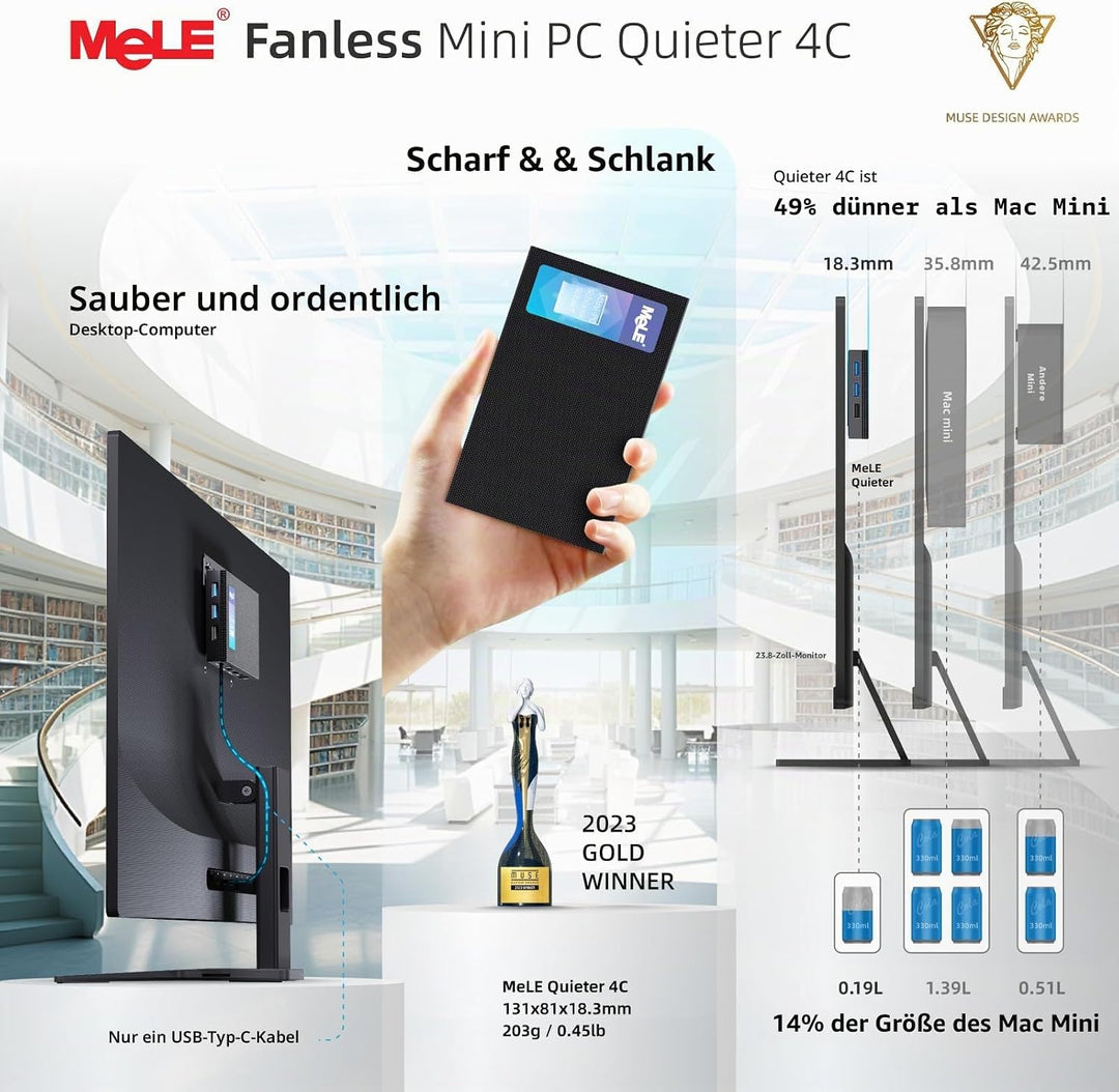 MeLE Mini PC Lüfterloser Quieter4C N150(4C/4T, bis zu 3.6Ghz) USB-C Display 16GB RAM 512GB Speicher