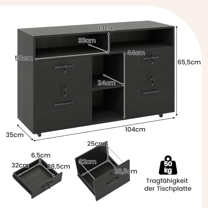 COSTWAY Rollcontainer mit 4 Schubladen, mobiler Aktenschrank abschliessbar mit verstellbarem Regal &