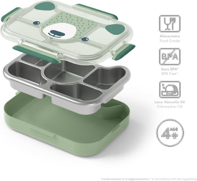 monbento - Kinder Lunchbox Wonder grün Bear - Brotdose Kinder mit Fächern - Edelstahl-Esstablett mit
