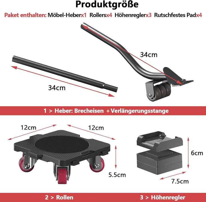 ONEON Möbel Transportroller Set, Stück Möbel Gleitsystem mit Möbelheber, Möbeltransport Set mit Möbe