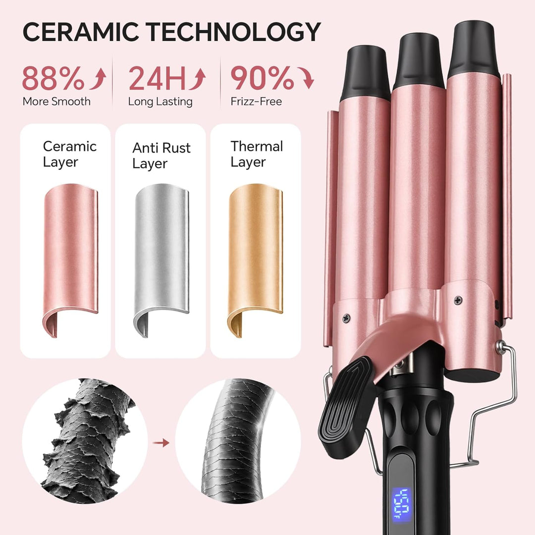 3 Fässer Welleneisen 25mm, 14 Stufen (100-230°C), Quarz-Keramik | Beach Waves Lockenstab Grosse Well
