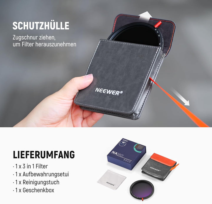 NEEWER 72mm 3 in 1 Variable ND Filter + CPL + Black Diffusion 1/4 für einen filmischen Nebeleffekt,