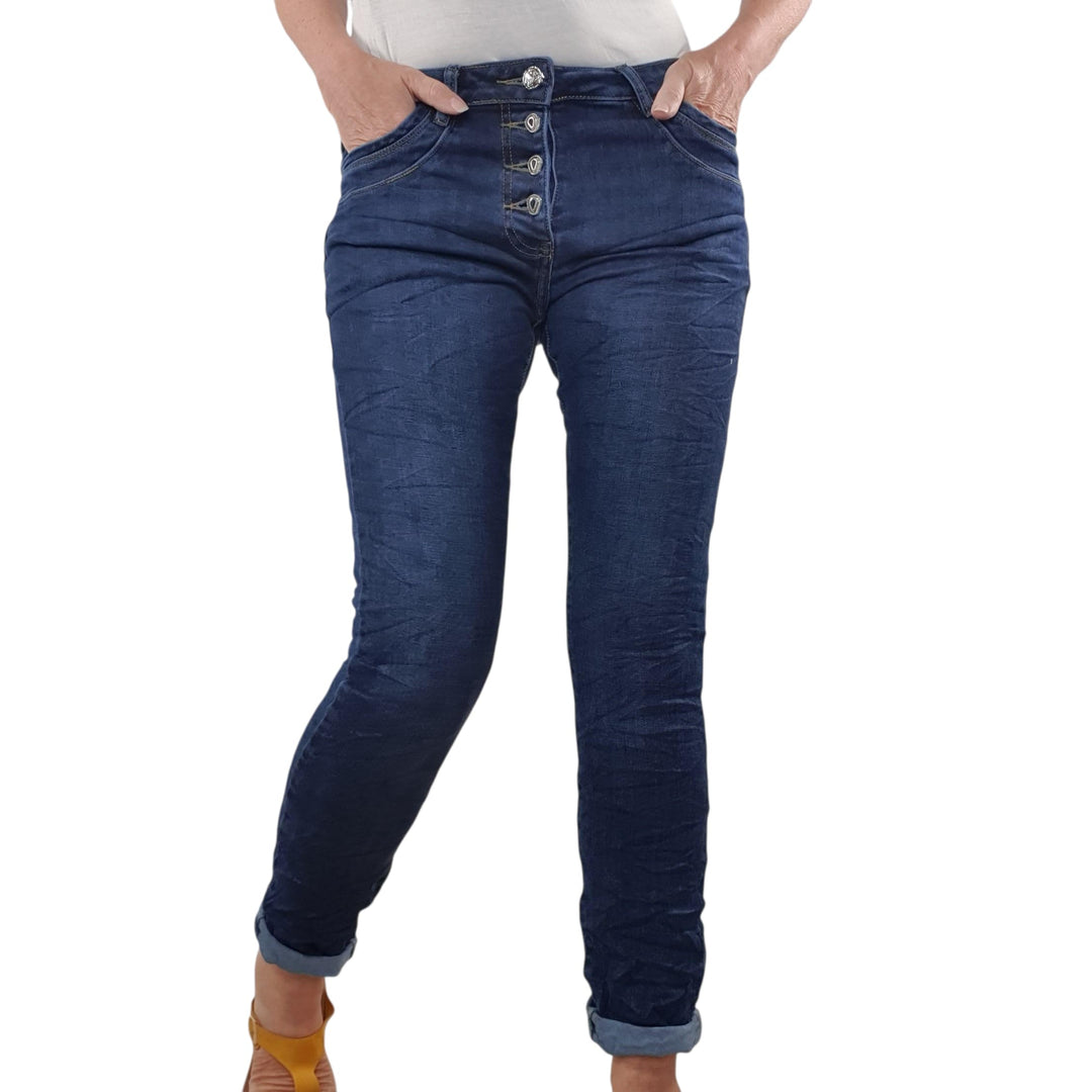 Jewelly Stretch Jeans| im Baggy Boyfriend Schnitt| Damen Hose mit dekorativer Knopfleiste| Perfekter