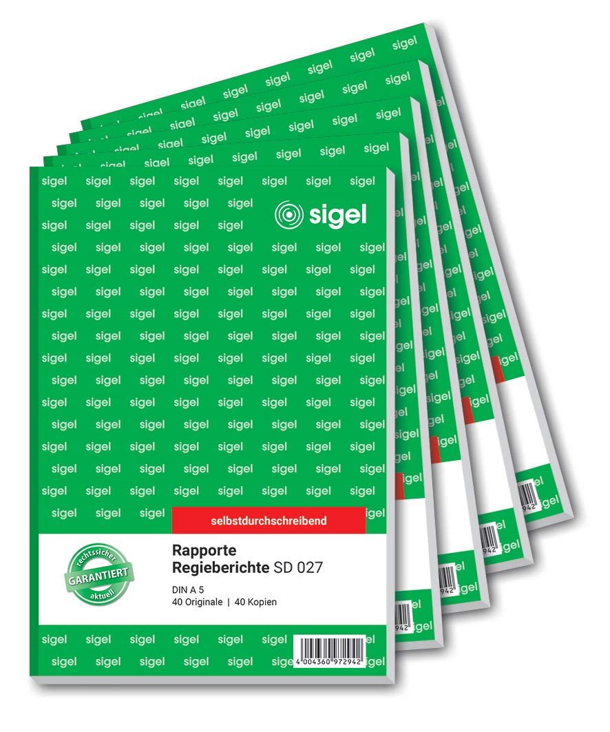 SIGEL SD027/5 Rapport / Regiebericht A5, 2x40 Blatt, selbstdurchschreibend, 5er Pack 5 Stück, 5 Stüc
