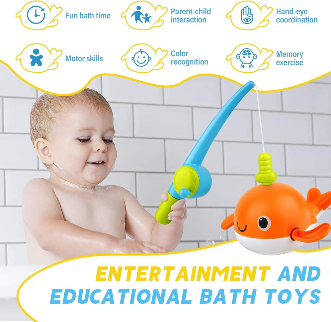 Badespielzeug, Angelspiel mit 4 Stück aufziehbarem Badespielzeug, Fischernetz, schwimmendes Pool-Bad