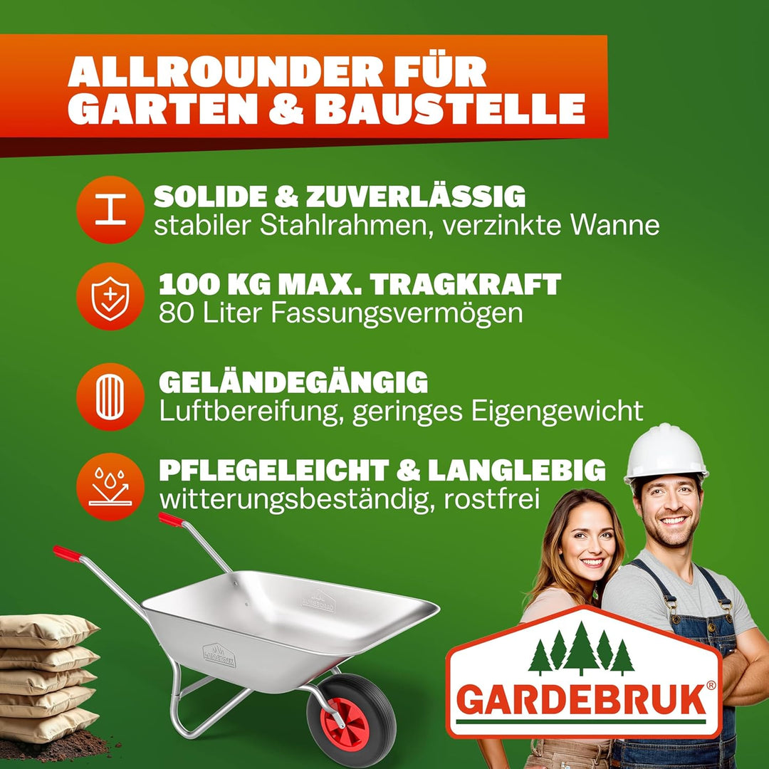 GARDEBRUK® Schubkarre Scheibtruhe Bauschubkarre 80L verzinkt leicht 80kg Belastbarkeit Gummigriffe G