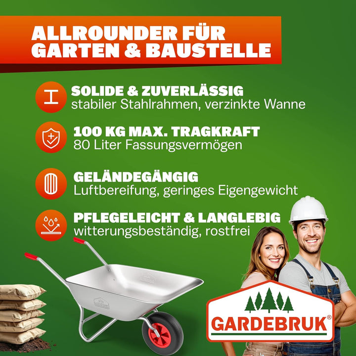 GARDEBRUK® Schubkarre Scheibtruhe Bauschubkarre 80L verzinkt leicht 80kg Belastbarkeit Gummigriffe G
