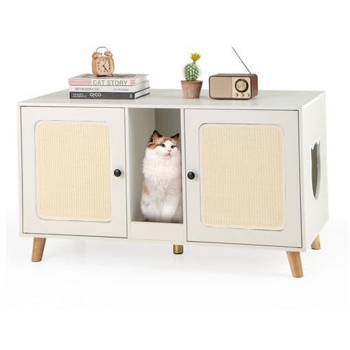 FANTASK Katzenschrank für Katzentoilette, Katzenklo Schrank mit 2 Türen &amp; Kratzbrett &amp; 2 Sisal-Kratz