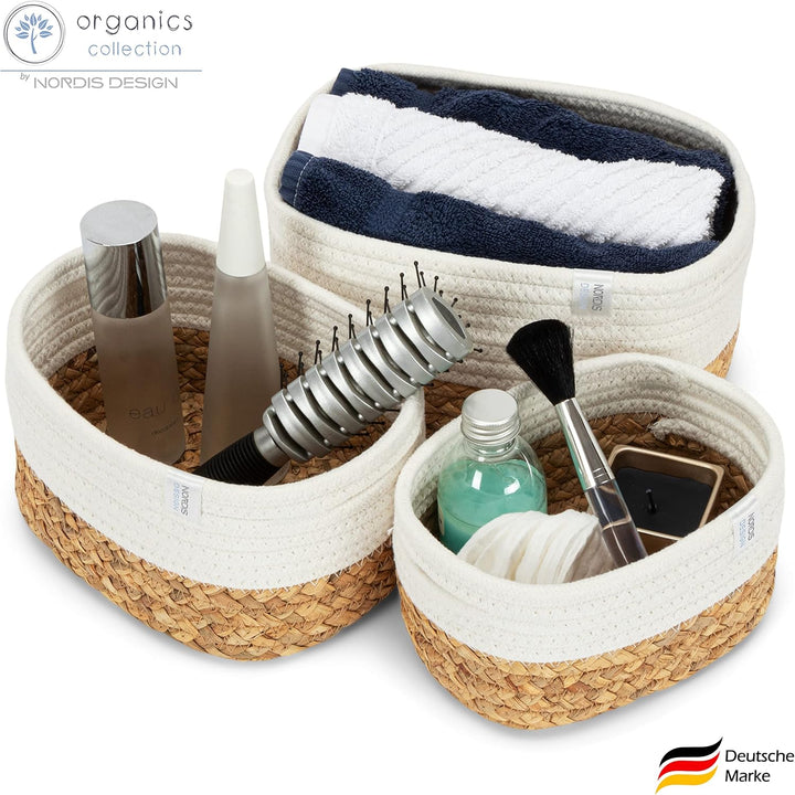 NORDIS DESIGN Aufbewahrungskörbe 3er Set aus Wasserhyazinthe und Baumwolle, Bad Aufbewahrungskorb ge