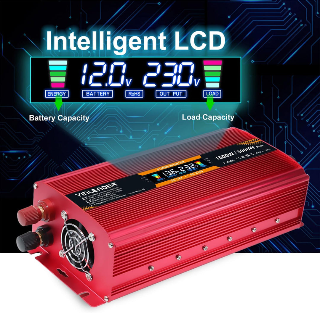Spannungswandler 12V 230V 1500W 3000W Peak Wechselrichter LCD | stromumwandler mit 2 Steckdose USB -