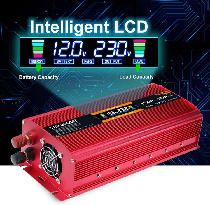 Spannungswandler 12V 230V 1500W 3000W Peak Wechselrichter LCD | stromumwandler mit 2 Steckdose USB -
