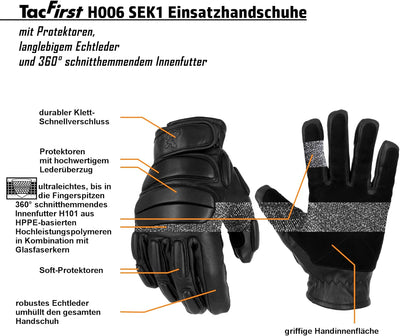 TacFirst Einsatzhandschuhe SEK 1 H006, 360° schnitthemmende Polizei, Security Handschuhe XXL Schwarz