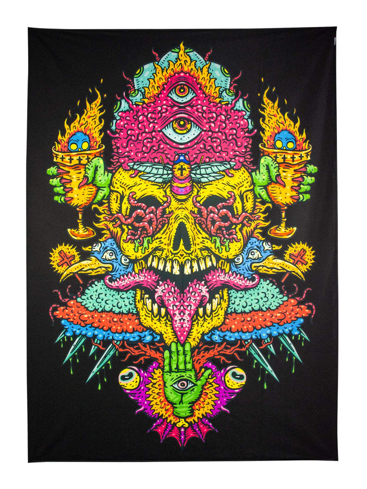 PSYWORK Schwarzlicht Stoffposter Neon | Trippy Fire Skull | 1,5 x 2,0m | UV-aktiv | fluoreszierend |