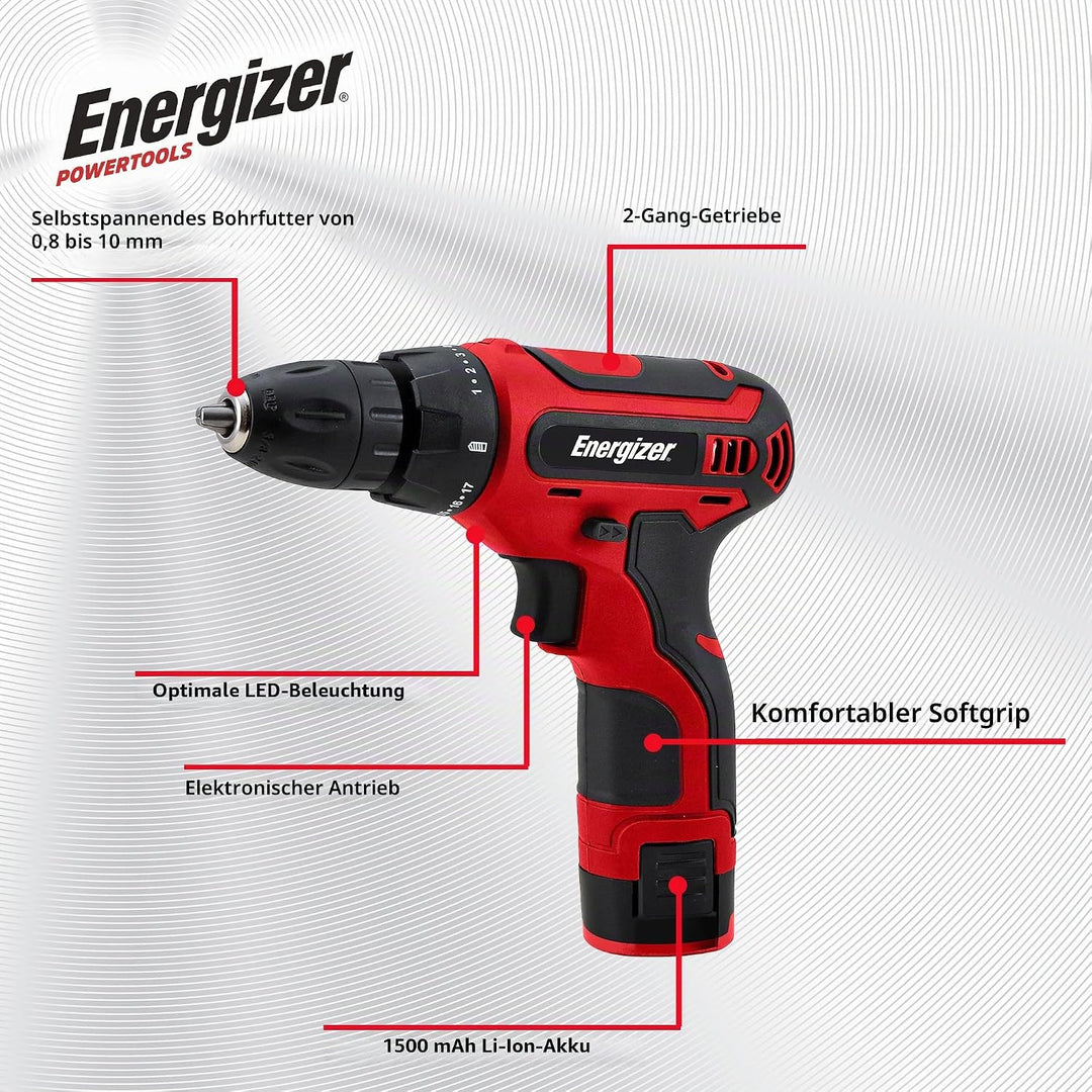 Energizer 12-V-Akkuschrauber – Eingebauter Akku – 25 Nm – 10-mm-Bohrfutter – 1,5 m USB-A/USB-C-Kabel