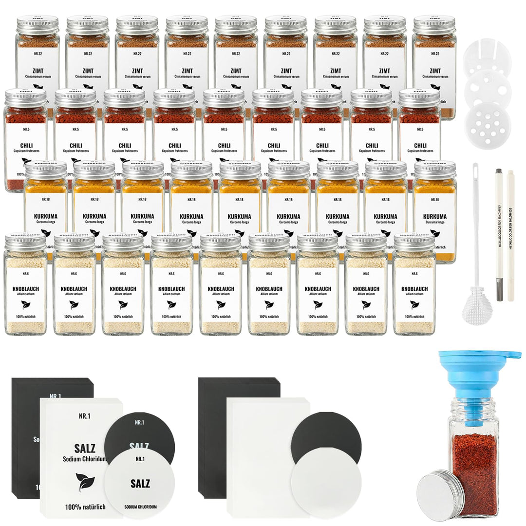 36pcs Gewürzgläser Eckig mit Aluminiumdeckel, 120ml Glasbehälter mit Streueinsatz, Luftdichte Gewürz
