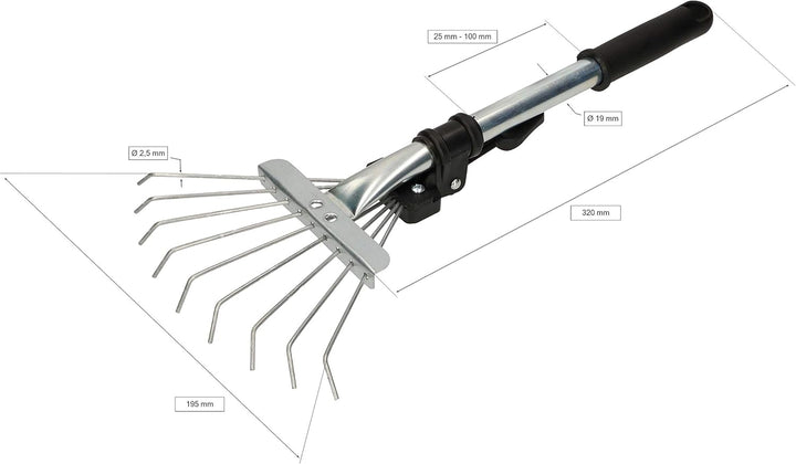KOTARBAU® Robuster Fächerbesen 20 cm aus Metall Verstellbar 25 - 100 mm Minirechen mit 9 Zinken Laub