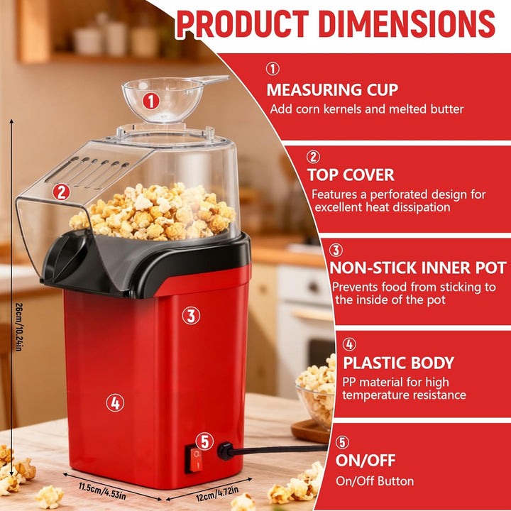 Heissluft Popcornmaschine, 1200W Heissluft Popcorn Maker mit Messlöffel, Transparenten Deckel, Nachf