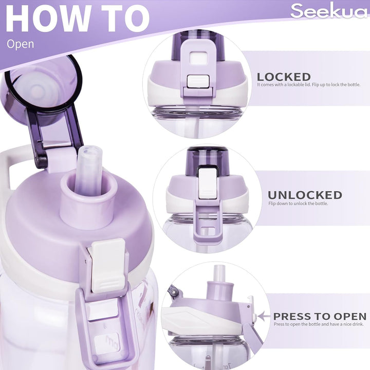 Seekua 0.6l Sport Trinkflasche Glas Flasche mit Strohhalm & Zeitmarkierung für Kinder, Schule 600ml