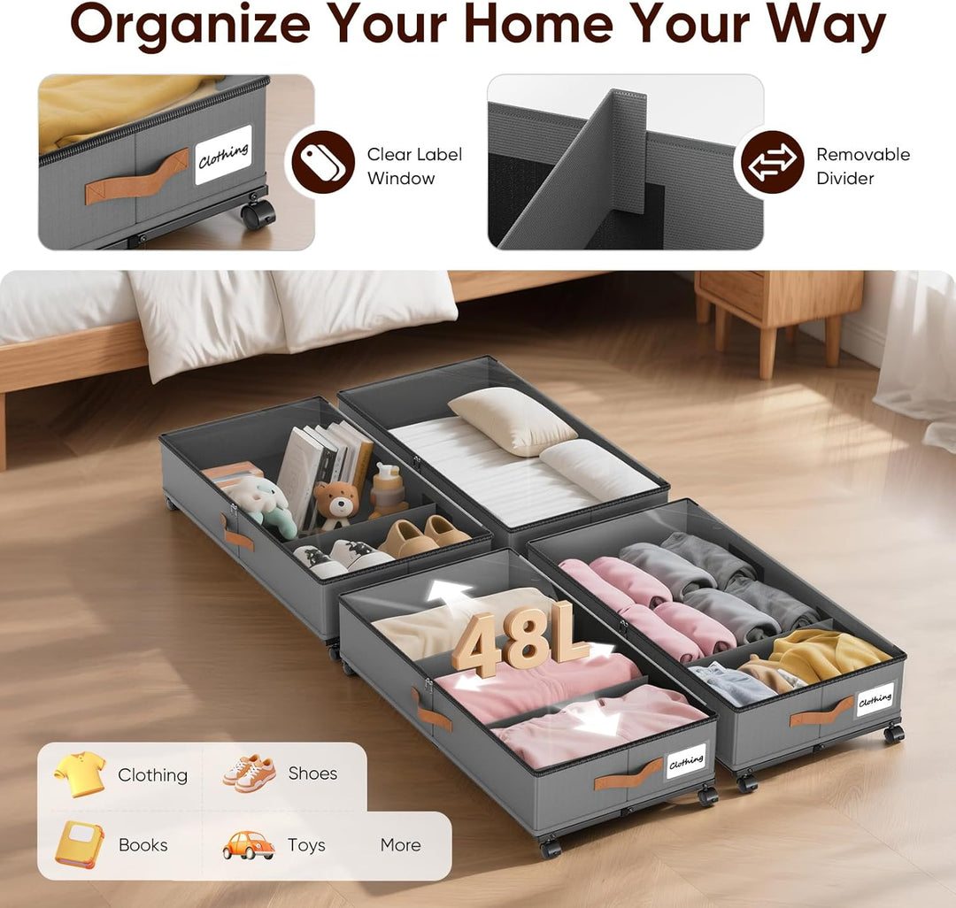 2 Stück Unterbettkommode mit Rollen, Unterbett Aufbewahrungsbox mit Deckel, 360° Drehung, Gross 48L