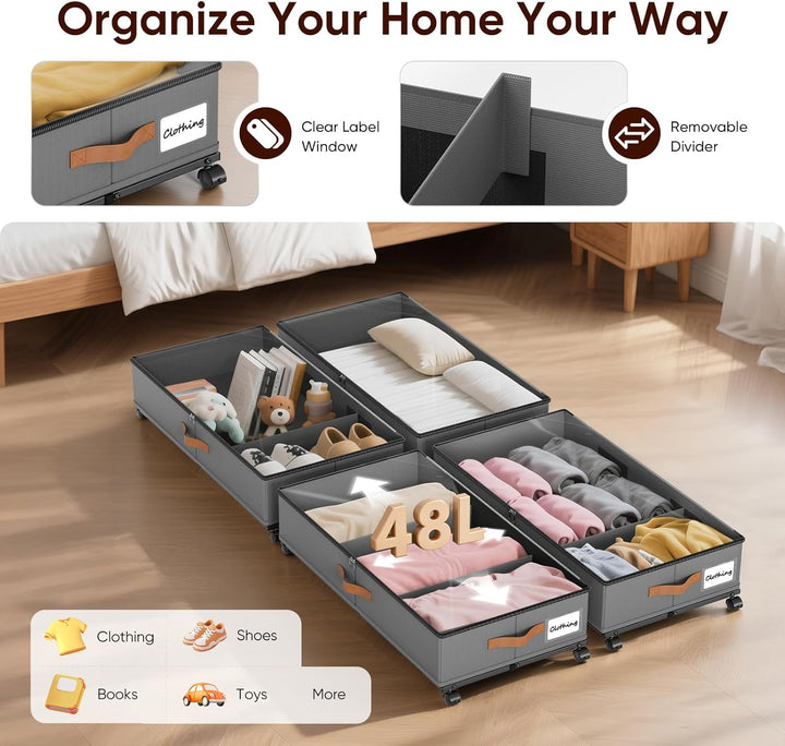 2 Stück Unterbettkommode mit Rollen, Unterbett Aufbewahrungsbox mit Deckel, 360° Drehung, Gross 48L
