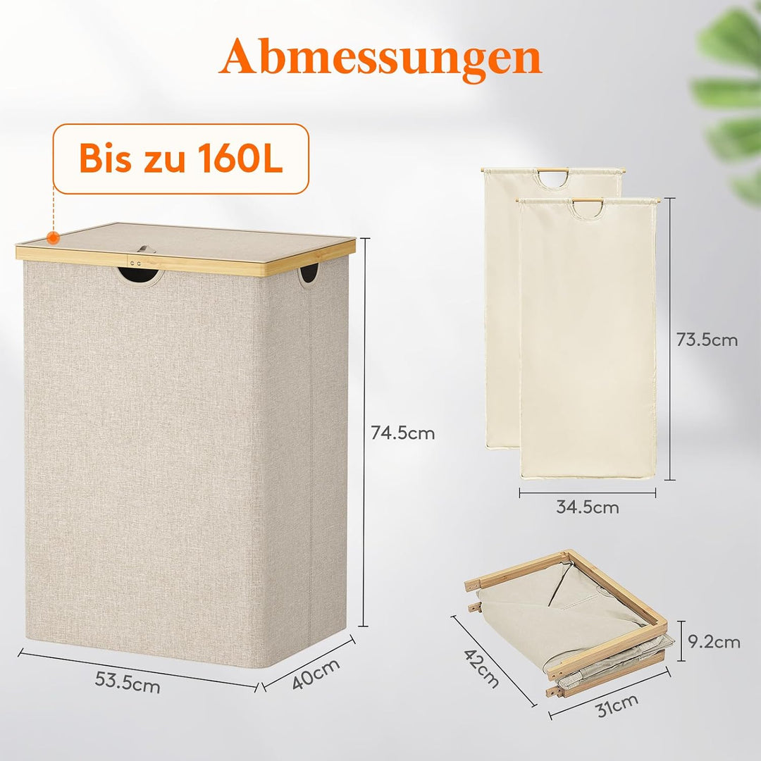 Lifewit 160L Bambus Wäschekorb mit Deckel, Faltbar Wäschesammler 2 Fächer Wäschesortierer mit Abnehm