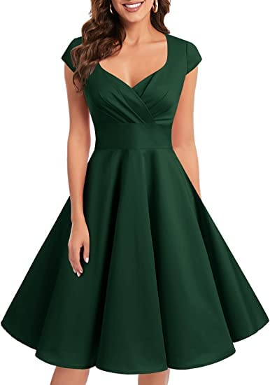 Bbonlinedress 1950er Vintage Retro Cocktailkleid Rockabilly V-Ausschnitt Faltenrock XS 01-dark Green
