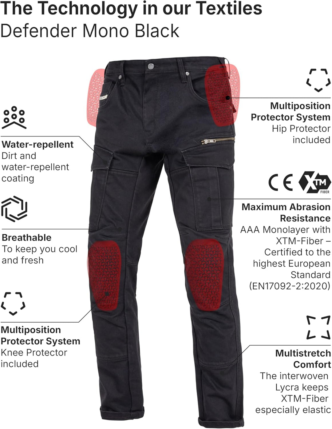 John Doe Defender - Monolayer |CE - Zertifizierung AAA | Motorradhose| Atmungsaktiv | Cargo Hose | H