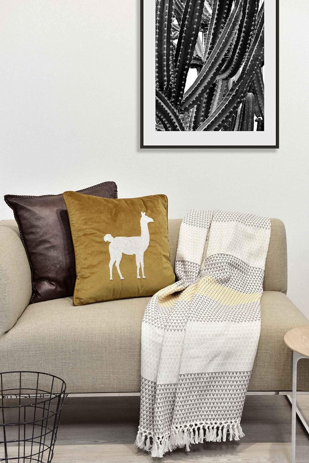 Wohndecke Plaid Dana, 150x200 cm, Weiss (Weiss) Braun Gelb (senfgelb), Gemustert, Boho, Baumwolle, g