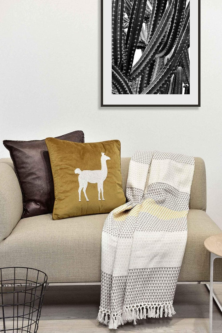 Wohndecke Plaid Dana, 150x200 cm, Weiss (Weiss) Braun Gelb (senfgelb), Gemustert, Boho, Baumwolle, g