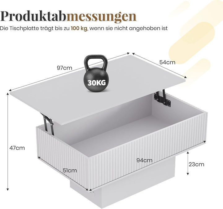 38,2" Lift-Top-Couchtisch mit Stauraum und LED-Beleuchtung, Moderner geriffelter Massivholz-Couchtis