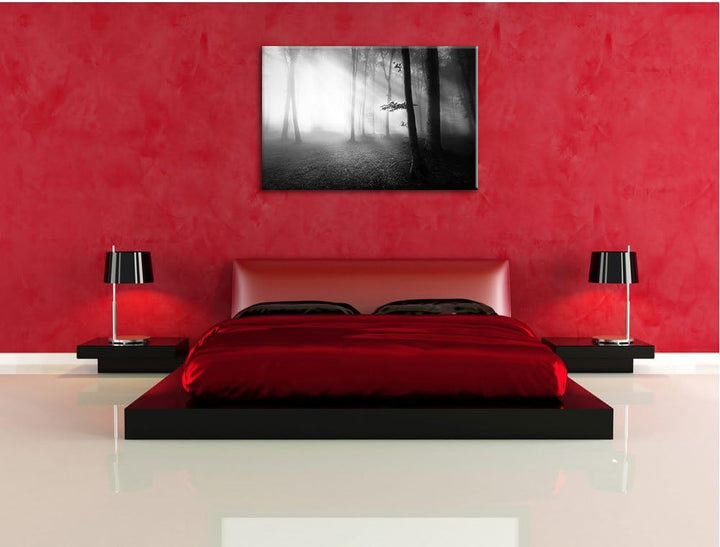 Pixxprint Düsterer Wald im Nebel Schwarz/Weiss, Format: 100x70 auf Leinwand, 100x70