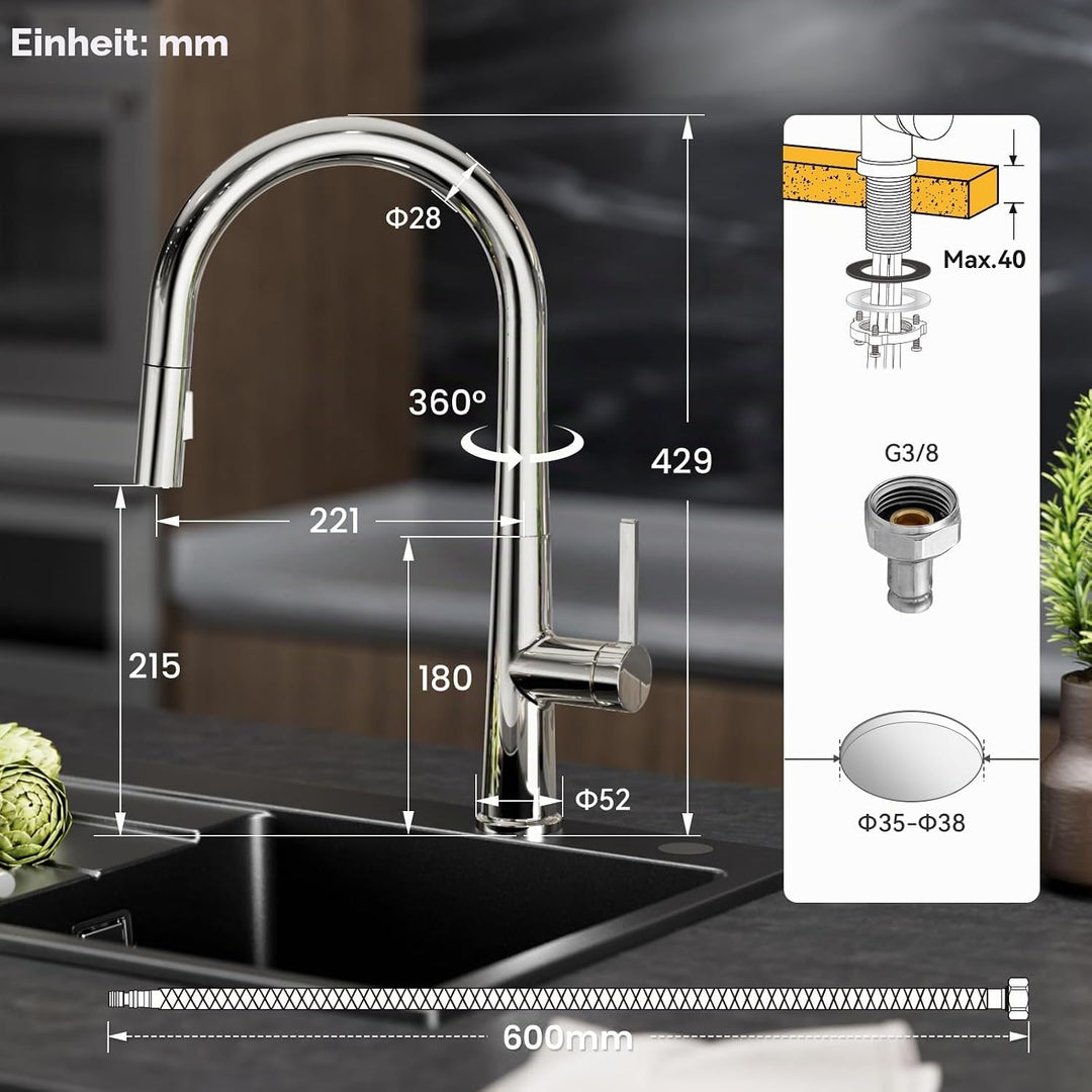 CECIPA Wasserhahn Küche, Hoher Bogen Hochdruck Küchenarmatur mit Brause Ausziehbar Armatur, Mischbat