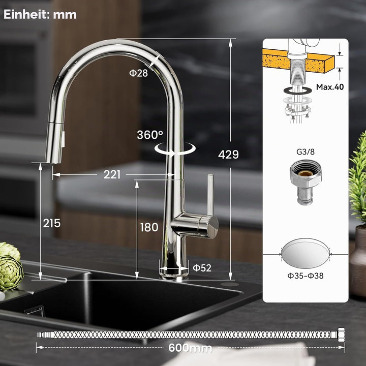 CECIPA Wasserhahn Küche, Hoher Bogen Hochdruck Küchenarmatur mit Brause Ausziehbar Armatur, Mischbat