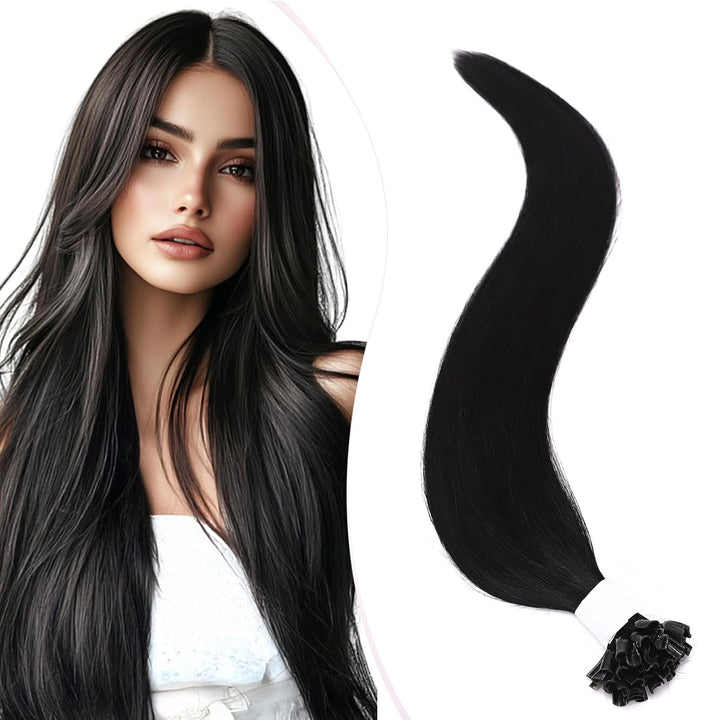 Elailite Bondings Extensions Echthaar Haarverlängerung Schwarz U-tip Keratin Haar Extension Glatt 25