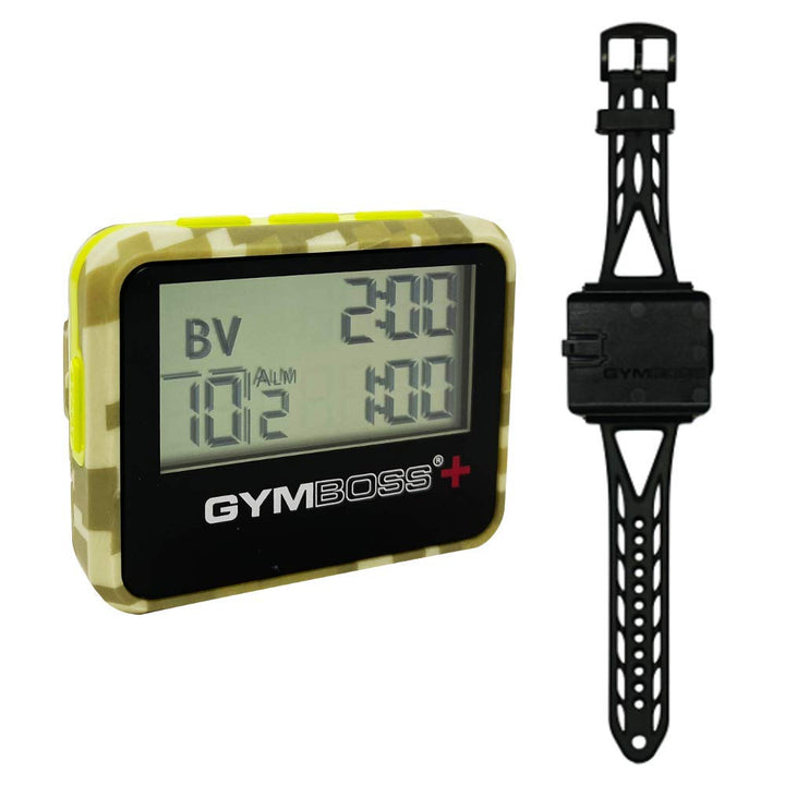 Gymboss Plus Intervall Timer und Stoppuhr Uhrenarmband - Bundle (GRÜN Tarnfarben/GELB SOFTBESCHICHTU