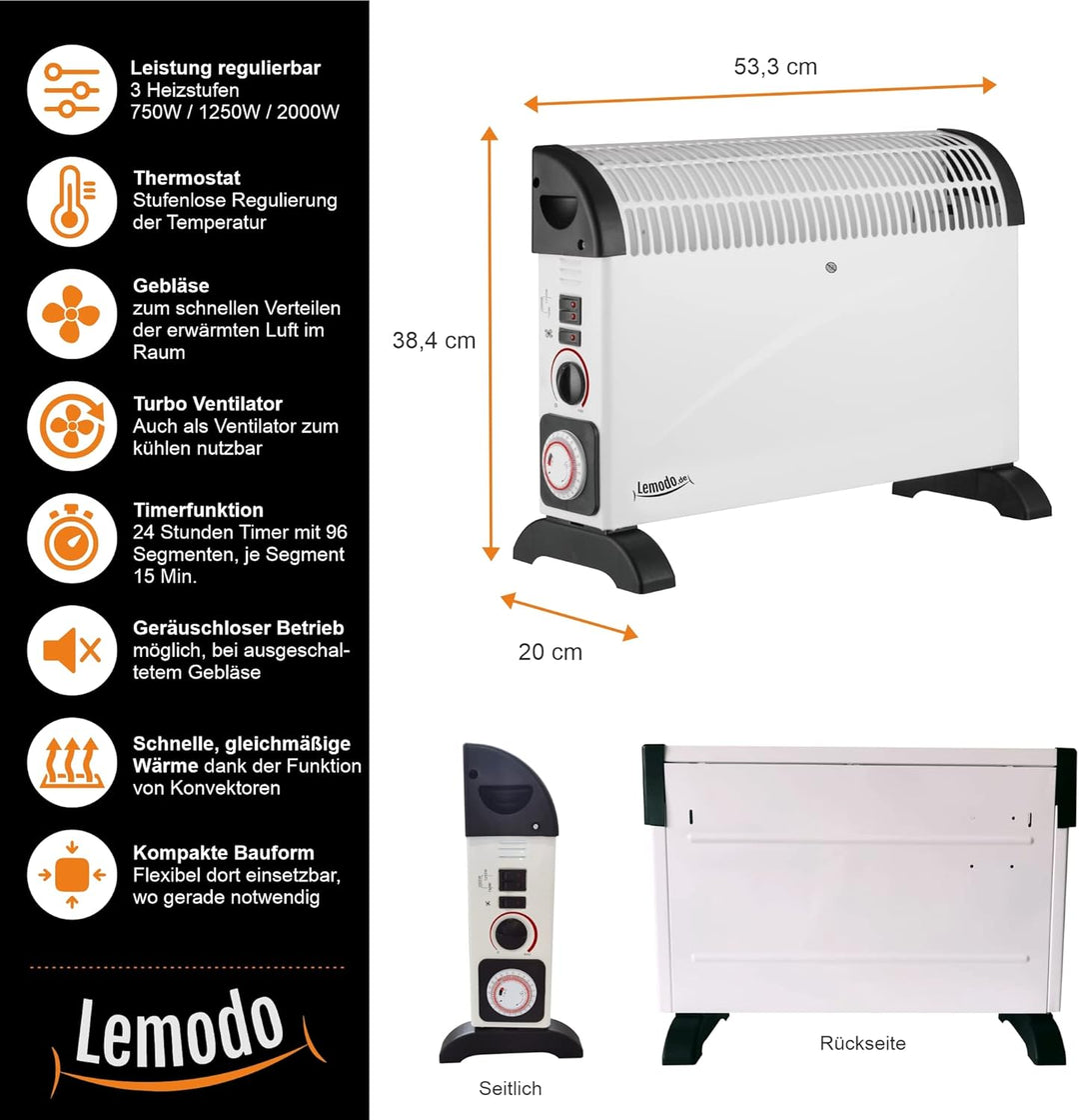LEMODO Elektroheizung | Mobile Konvektor Heizung | Elektrische Heizung mit 3 Leistungsstufen (750W /