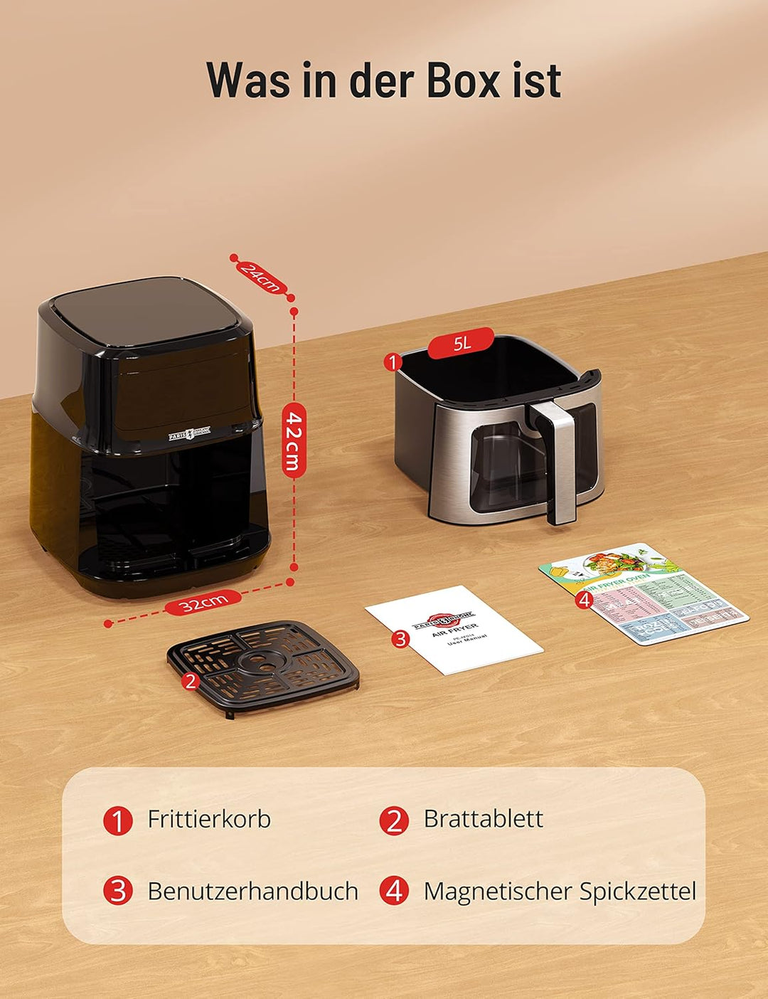 PARIS RHÔNE Heissluftfritteuse 5L XXL mit Sichtfenster, 8-in-1 airfryer spülmaschinenfest mit One-To