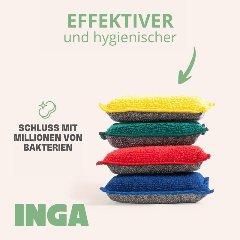 INGA - 4 x Wiederverwendbare, waschbare Schwämme - Hochwirksam, kratzfrei - Doppelseitig - Wechselt
