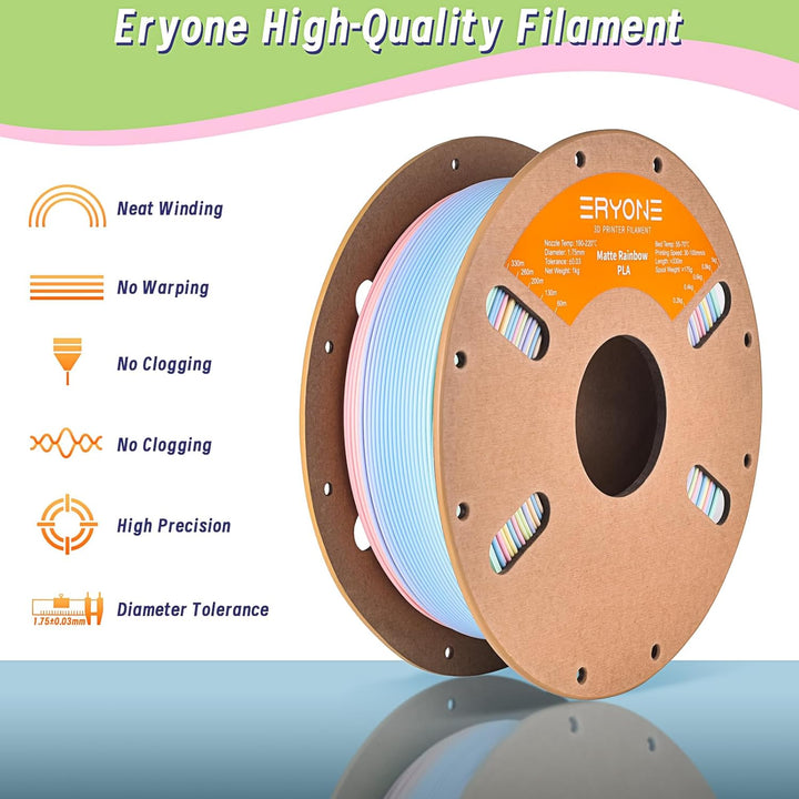 ERYONE Matte PLA 3D Drucker Filament 1.75mm,Multicolor Matte Rainbow PLA Filament, Massgenauigkeit +