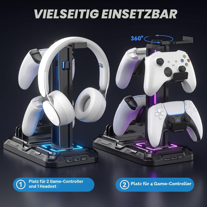 KDD Headset Halterung Led mit Ladestation - PS5 Controller Halter & Kopfhörer Ständer Tisch mit 9 Li