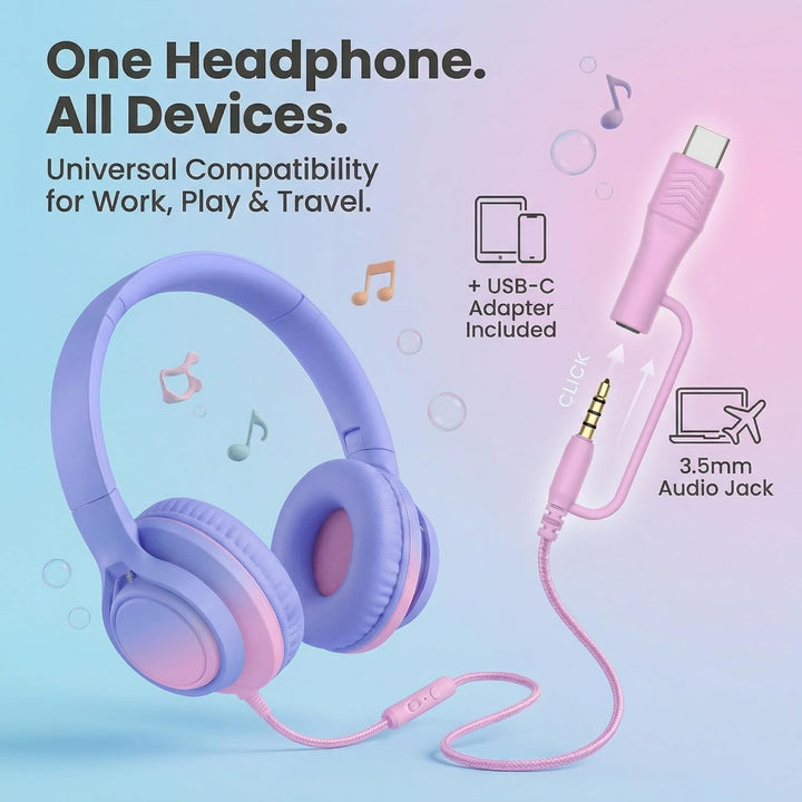 Kinder-Over-Ear-Kopfhörer, 85/94 dB, Mikro, USB-C-Adapter, Pink | 85/94-dB-Lautstärkeregelung, faltb