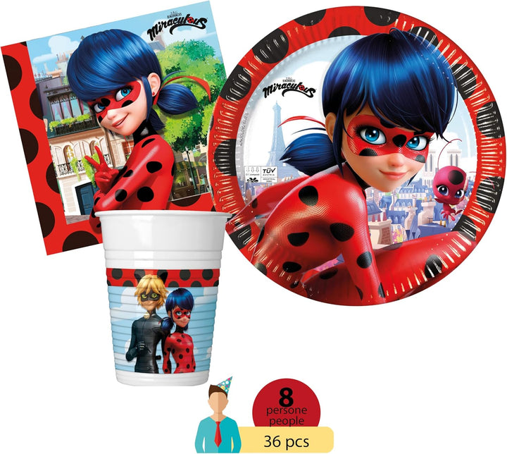 Partygeschirr Party-Set Miraculous Ladybug für 8 Personen (36 pcs: 8 Pappteller Ø23cm, 8 Becher 200m