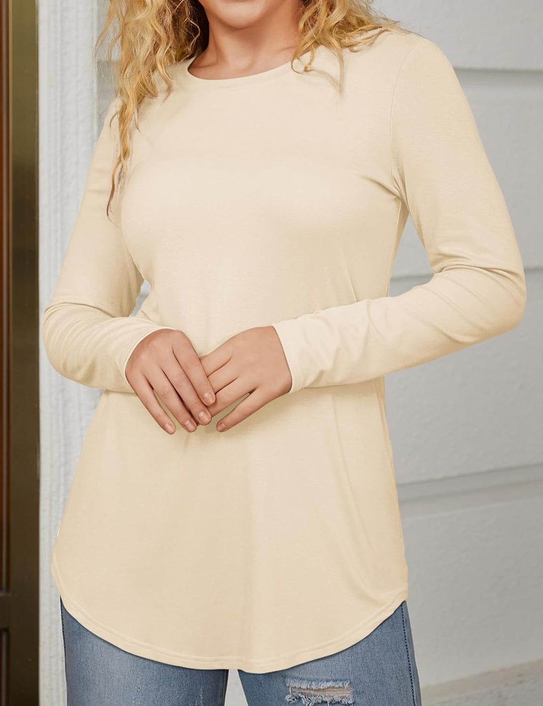 Beluring T-Shirt Damen Lässig Kurzarm/Langarm Oberteile Rundhals Longshirt M Aprikose, M Aprikose