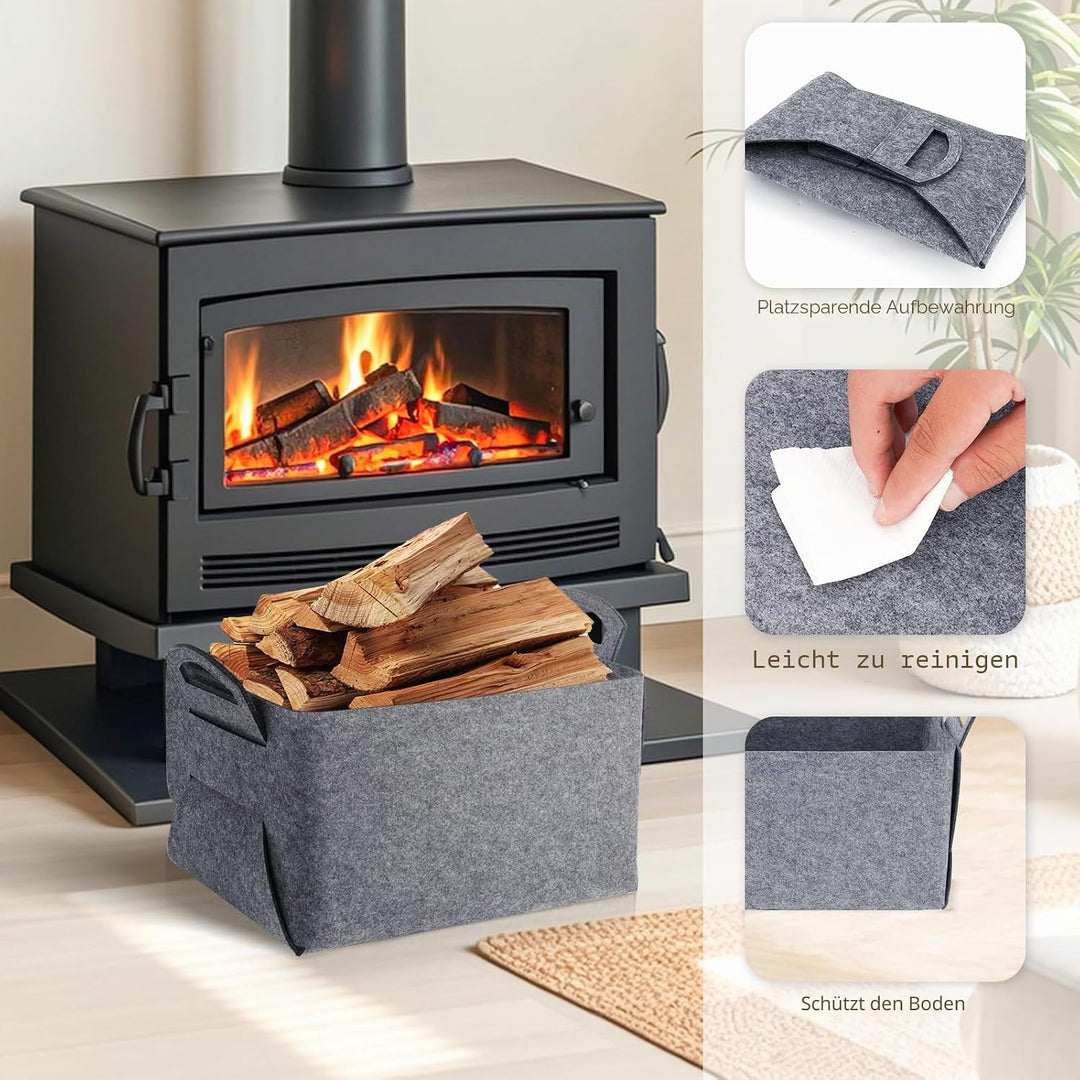Filz Aufbewahrungskorb für Holz,40x30x24cm grosse geschenkkorb leer, faltbarer filzkorb mit zwei wei