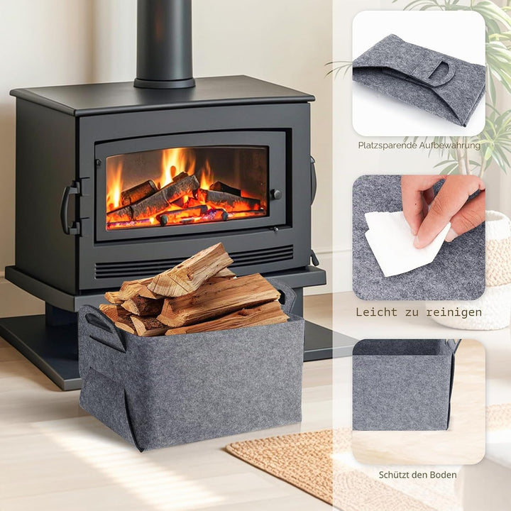 Filz Aufbewahrungskorb für Holz,40x30x24cm grosse geschenkkorb leer, faltbarer filzkorb mit zwei wei