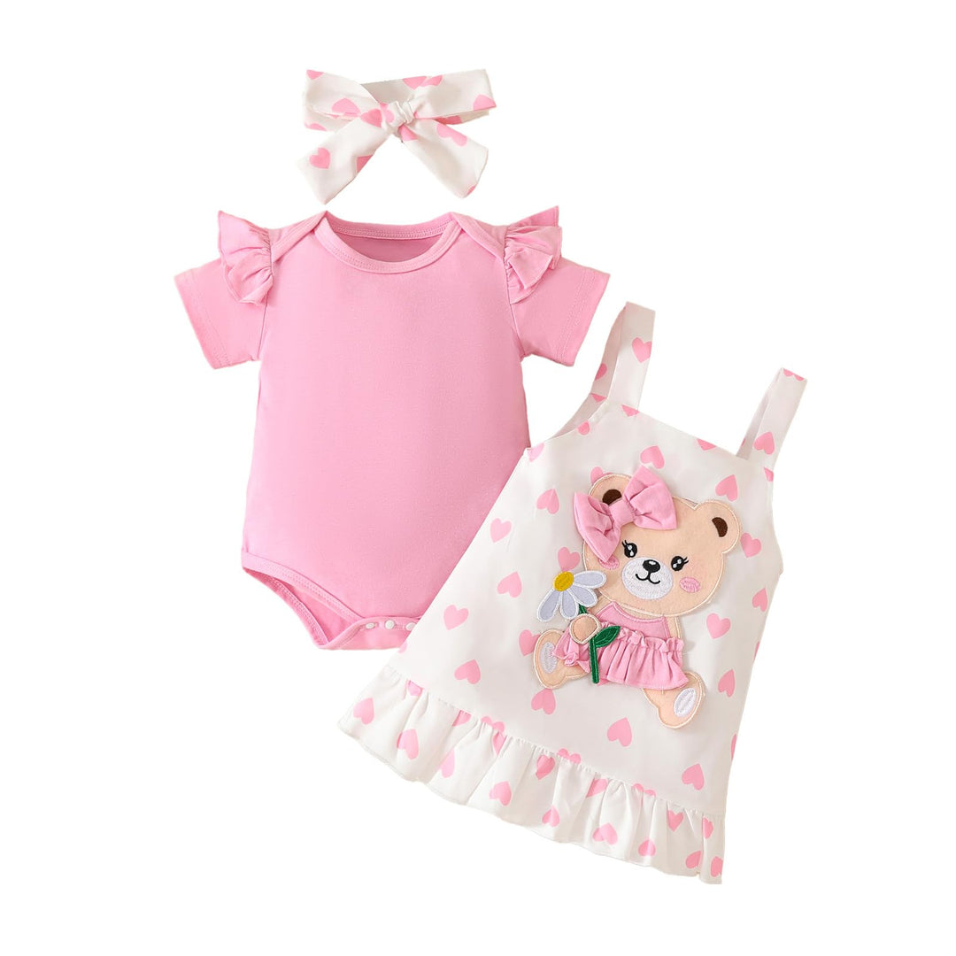 Baby Outfits für Mädchen mit Herz Print kurzärmelig Strampler Hosenträgerrock Bären Kleid Schleife S