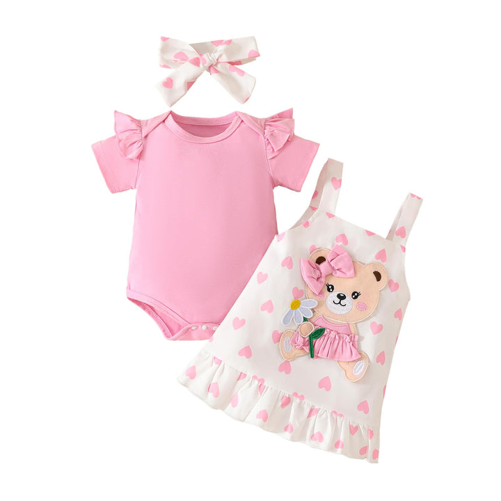 Baby Outfits für Mädchen mit Herz Print kurzärmelig Strampler Hosenträgerrock Bären Kleid Schleife S